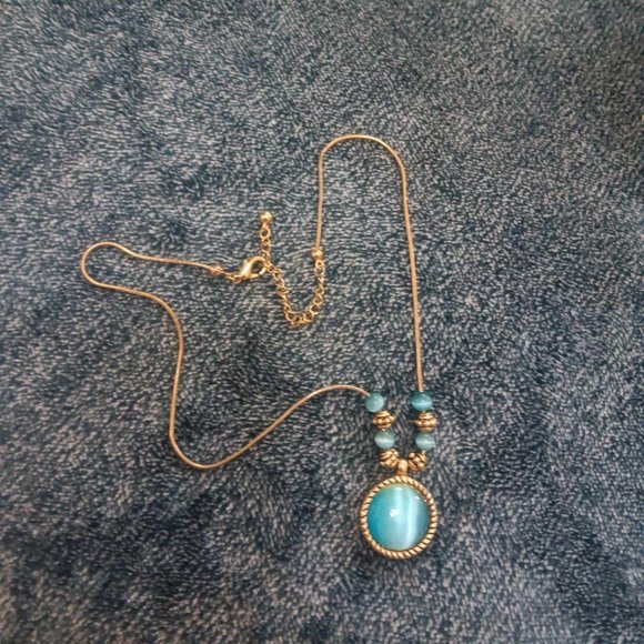 necklace vintage 1980s gold tone and blue cats eye 9" - Picture 2 of 4